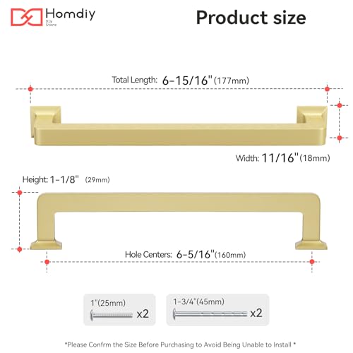 homdiy 20 Pack 6-1/4 Inch Gold Cabinet Handles, Solid Zinc Alloy Pulls - color: Gold, size: 6-1/4" Hole Center