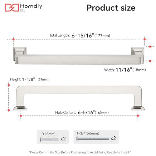 homdiy 20 Pack 6-1/4 Inch Brushed Nickel Cabinet Pulls, Solid Zinc Alloy - color: Brushed Nickel, size: 6-1/4" Hole Center