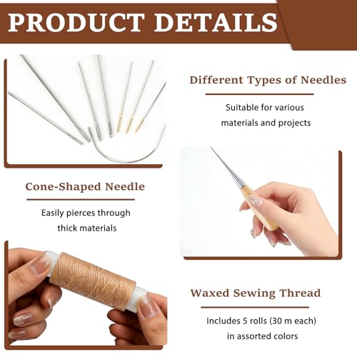 Leather Sewing Kit with 5 Color Waxed Thread, 13 Needles, Awl and Thimble