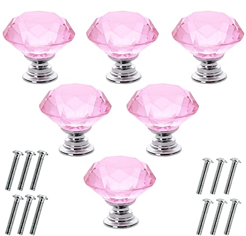 Akstore 6 Pcs Crystal Glass Cabinet Knobs 30mm Diamond Shape Drawer Kitchen Cabinets Dresser Cupboard Wardrobe Pulls Handles (30mm, Pink) - color: Pink, size: 30 mm