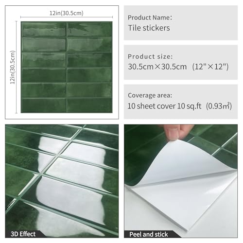 DEWOO Green Peel and Stick Backsplash Tiles for Kitchen Wall 10-Sheet