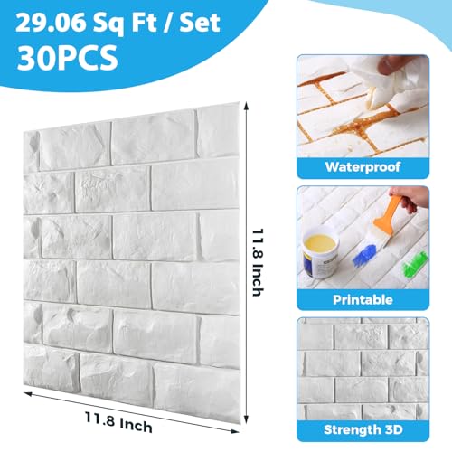 30 Pcs 3D Wall Panels, White Brick Printable 3D Wallpaper Stick and Peel, Self Adhesive Waterproof Foam Faux Brick Paneling for Bedroom, Bathroom, Kitchen, Fireplace (29.06 sq feet Coverage) - color: White