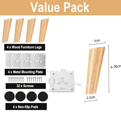 4 Pack Wood Furniture Legs, 2.5 Inch Round Solid Wooden Furniture Feet, Slanted Angled Sofa Replacement Leg with Parts, Leg for Boneless Couch,Mid-Century Modern/IKEA Sofa Cabinet Table Bench Desk Bed - color: Natural, size: 2.5 Inch