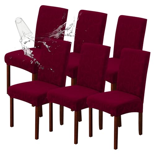 Waterproof Dining Room Chair Covers, Stretch Parsons Chair Slipcovers - color: Flower Pattern-wine Red, size: Large-6 Pack