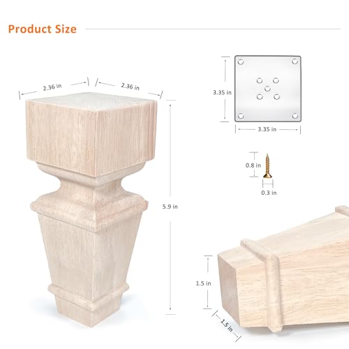 6 Inch Square Wood Furniture Feet Set of 4 Unfinished Replacement Legs - size: 6inch