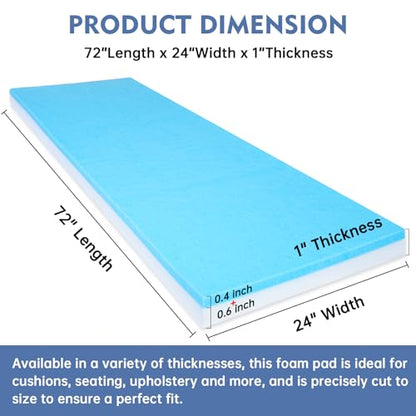 Upholstery Foam, 72" x 24" x 1" High Density Gel Memory Foam Padding Couch Cushion Support, Cut to Size Foam Replacement Pad for Sofa Sag Support - size: 72" X 24" X 1"