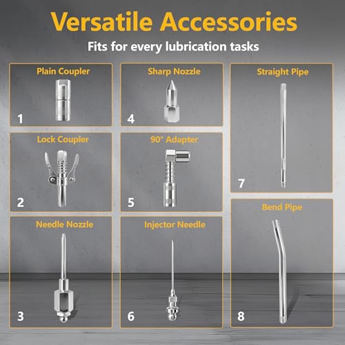 8PCS Grease Gun Tips Kit, Quick Lock Coupler, 90° Adapter, Needle & Nozzles