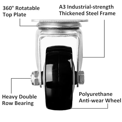 Finnhomy 3 Inch Swivel Casters Wheels Set of 4 Heavy Duty Plate Casters Premium Polyurethane PU Wheels for Furniture/Workbench Load Bearing 2,200 Lbs Anti-wear Smooth Casters Black (Free Screws) - style: 3" (No Brake)