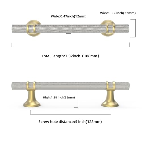 20 Pack 5 Inch Gold and Brushed Satin Nickel Cabinet Handles - color: Nickel and Gold Knurled, size: 5'' Hole Center(128mm)