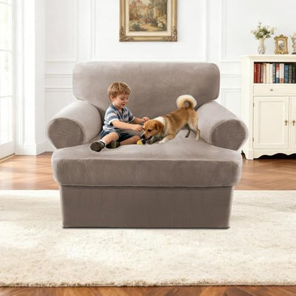 2 Pieces T Cushion Chair Covers with Arms Thick Velvet Couch Cover Stretch T Cushion Sofa Covers for Living Room Chair Cover with Individual T Cushion Covers , Washable (1 Cushion Chair, Taupe) - color: Taupe, size: Armchair (1 Cushion)