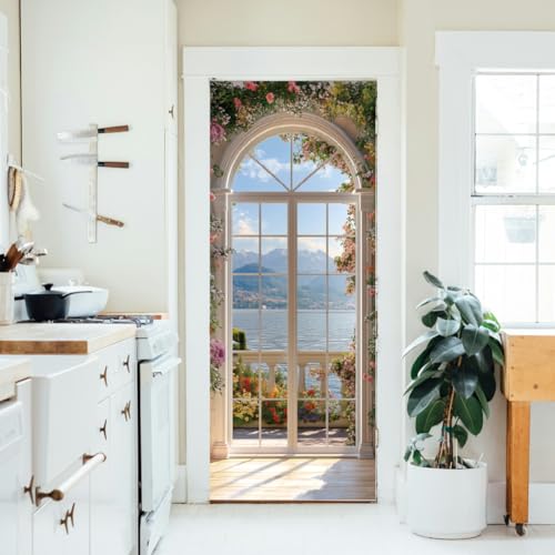 arricraft 2 Sheets Self-Adhesive Door Sticker, 80cmx200cm/31.5x78.7inch European Style Arch Windows Door Murals Stickers PVC Removable Wallpaper Decoration for Bedrooms Living Room - style: Arch Windows
