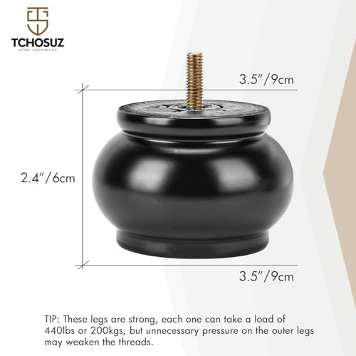 2.4 inch / 6cm Wooden Furniture Legs, Pack of 4 Classic Black Solid Wood Turned DIY Replacement Bun Feet with M8 Hanger Bolts & T-Nuts for Sofa Couch Ottoman Cabinet Table Riser