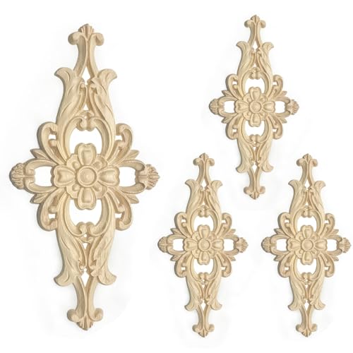 4 Pcs Decorative Wood Flower Carved Appliques Onlays, 3.9 x 7.9inch Diamond Unpainted Solid Wooden Carving Decal Trim Applique for Furniture Cabinet Closet Decoration (3.9 x 7.9inch-4pcs) - size: 3.9 x 7.9inch-4pcs