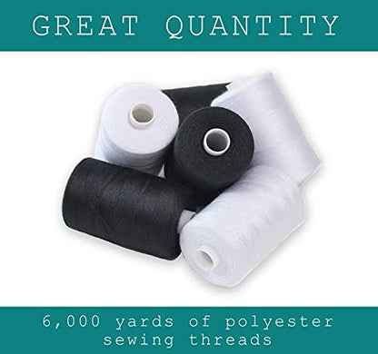 Black & White Sewing Thread - 6 Spools of Polyester Thread for Sewing Machine for Beginners, Hand Stitching & Quilting - 1000 Yards Per Spool - color: Black-White