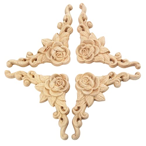 4Pcs Rose Wood Appliques Onlays Furniture Wooden Decals 8x8cm/3.15"x3.15" - size: 8x8cm/3.1x3.1inches