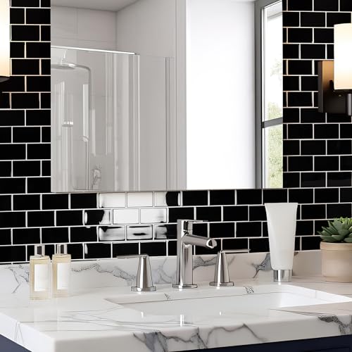 Art3d 10-Pack Subway Peel and Stick Backsplash, Black with Silver Grout - color: Black With Silver Grout