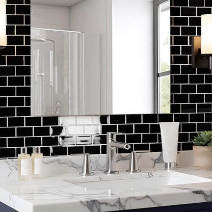 Art3d 10-Pack Subway Peel and Stick Backsplash, Black with Silver Grout - color: Black With Silver Grout