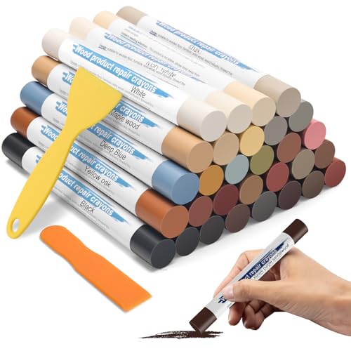 Windspeed 30+2P Wood Filler Stick 30 Color Wood Filler Putty Wax Crayons Furniture Repair Kit Putty Stick for Baseboard Cabinets Furniture Floors(with 2 Scrapers)