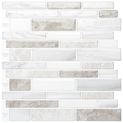WOWSTAR 10 Sheet Marble Peel and Stick Backsplash for Kitchen,Self-Adhesive Tile Backsplash for Kitchen, Bathroom, 12" x 12", (Beige & White) - color: Beige