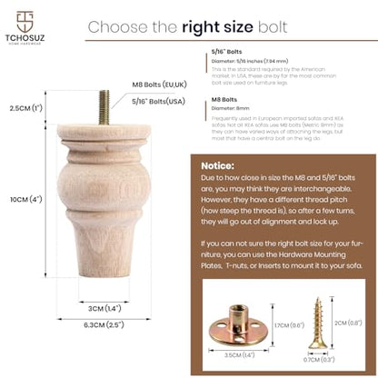 4 inch Solid Wood Bun Feet Unfinished 4-Pack with 5/16" Bolts - color: Unfinished
