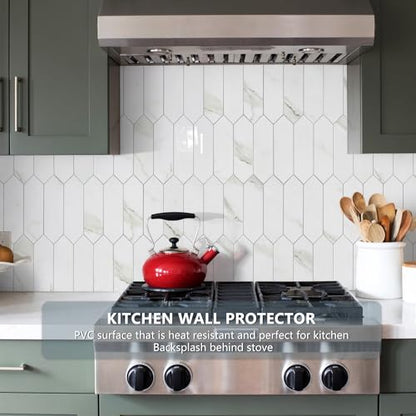 Vamos Tile Glossy White Marble Backsplash Tile Peel and Stick, 12.8 x 12.8 Inch 10 Sheets Long Hexagon PVC Self Adhesive Mosaic Wall Tiles Stick on Backsplash for Kitchen and Bathroom - color: Glossy White Marble