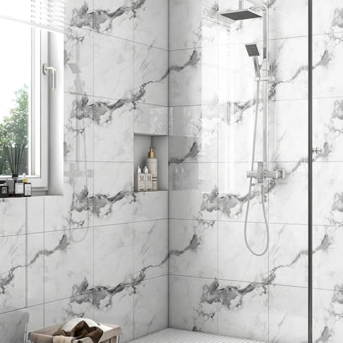 Chejiaye 10pcs Marble Peel and Stick Backsplash Waterproof Washroom Wall Panels, Peel and Stick Tile, PVC Foam Wall Panels for Kitchen,Bathroom,Living Room,White Grey(Not Real Tile,11.8" x 11.8") - color: White Grey2, size: 11.8" x 11.8" x 10Pack