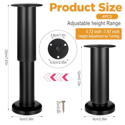 4Pcs Adjustable Furniture Legs 4.7-7.1 inch, Black Metal Adjustable Telescopic Cabinet Leg with 65mm Dome Basefor Sofa/Bed/Chair/Couch, Heavy Duty Bed Replacement Support Legs for Bed Frame