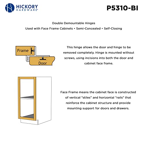 Hickory Hardware P5310-BI Double Demountable Hinge - 170° Opening Face Frame - 1/2 Inch Overlay Self-Closing Feature - Easy Installation Cabinet Screwless Mounting Black Iron Finish 1 Pair - color: Black Iron