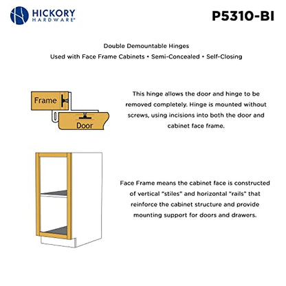Hickory Hardware P5310-BI Double Demountable Hinge - 170° Opening Face Frame - 1/2 Inch Overlay Self-Closing Feature - Easy Installation Cabinet Screwless Mounting Black Iron Finish 1 Pair - color: Black Iron