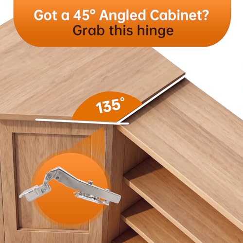 HBL' 4 Pack 45° Corner Cabinet Hinges, 45 Degree Angled Hinge Replacement for Diagonal Wall Cabinets, 35MM European Soft Close Hinges for Frameless Doors