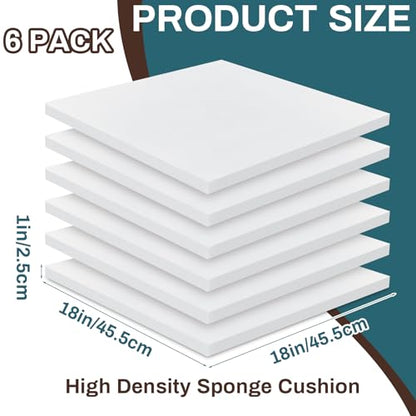 Frienda 6 Pack 1 x 18 x 18 High Density Foam Cushion 2.2 Density, 50 Ild - size: 1" X 18" X 18"