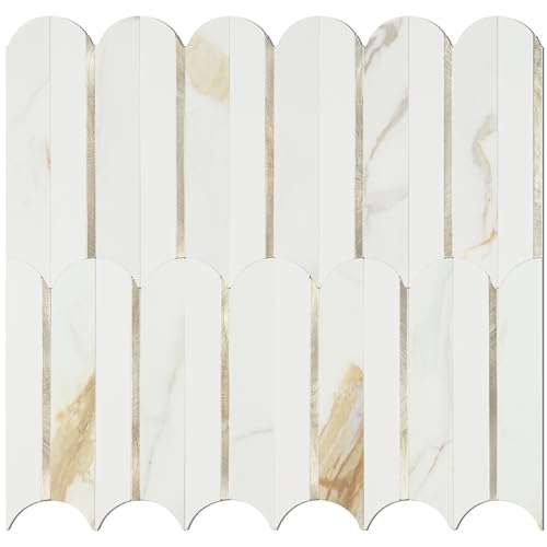 Vamos Tile Peel and Stick Backsplash Seamless Tile,Fish Scale,10 Sheets - color: Calacatta Gold+Matt Pure White+Brushed Light Gold