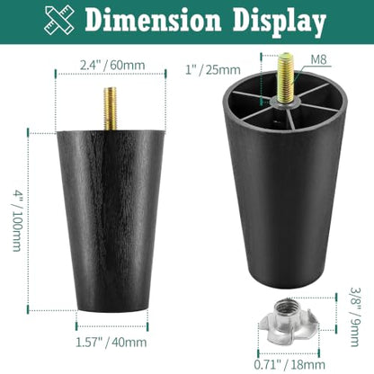 4pcs Plastic Furniture Legs 4" with T-Nuts, M8-1.25 Thread Bolt - size: 4 Inch, M8-1.25 Metric Thread Bolts