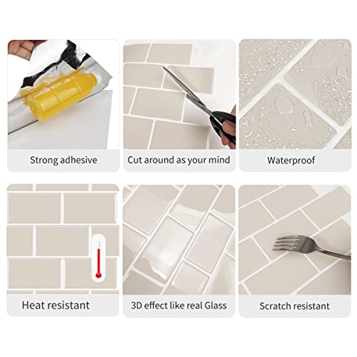 Alwayspon 10 Sheets 3D Thickened Peel and Stick Vinyl Backsplash Tiles, 12"x6" Self-Adhesive Wallpaper Wall Tile Stickers Stick on Subway Tiles for Kitchen Bathroom, Beige - color: T80028s