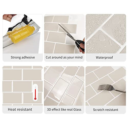 Alwayspon 10 Sheets 3D Thickened Peel and Stick Vinyl Backsplash Tiles, 12"x6" Self-Adhesive Wallpaper Wall Tile Stickers Stick on Subway Tiles for Kitchen Bathroom, Beige - color: T80028s