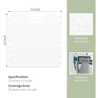 10 Sheets Thick Peel and Stick Kitchen Backsplash Tiles - color: White