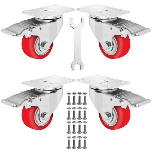 3 Inch Caster Wheels Heavy Duty Casters Set of 4, 1800 LBS Load Capacity - color: Red & Silver, size: 3 Inch