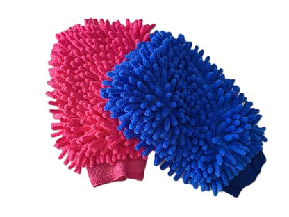 House Cleaning and Car Washing Gloves, Home Dusting Microfiber Mitts, Wash Clean Polish Faster (2-Pack, Pink/Blue) - color: Pink/Blue