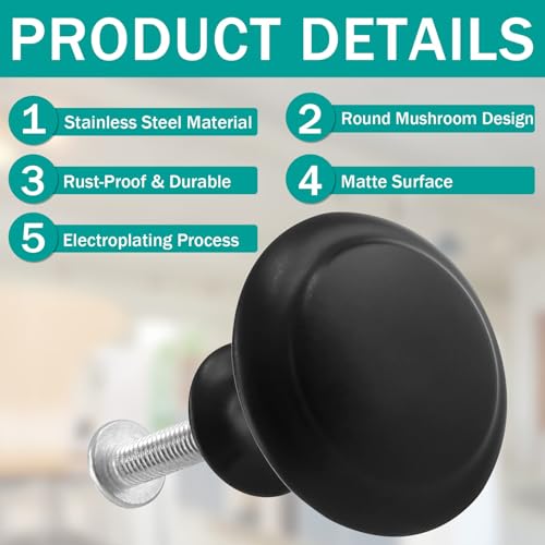 1Inch Matte Black Round Cabinet Knobs, 20Pcs