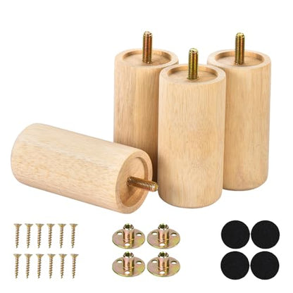 4 Inch Round Wood Furniture Legs Set of 4, with Mounting Screws, Cabinet, Chair, Ottoman, Dresser (4 Inch Unfinished) - color: 4 Inch Unfinished