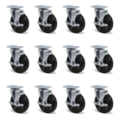 5" Casters, Heavy Duty Industrial Swivel Caster Wheels with Brake, Plate Hard Rubber Wheel for Cart Furniture Workbench (12 Brake) - style: 12 Pack Brake