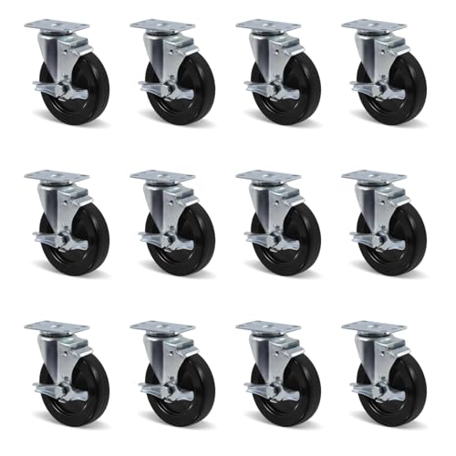 5" Casters, Heavy Duty Industrial Swivel Caster Wheels with Brake, Plate Hard Rubber Wheel for Cart Furniture Workbench (12 Brake) - style: 12 Pack Brake