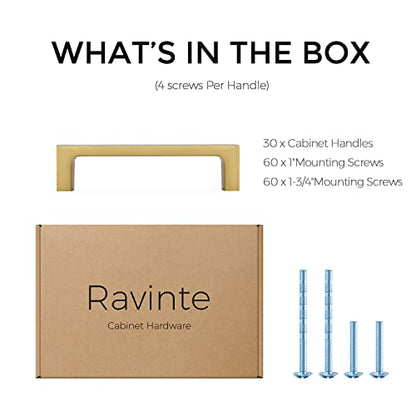 Ravinte Brushed Brass Solid Pulls Cabinet Handles 3-3/4 Inch 30 Pack - size: 3-3/4 Inch Hole Center
