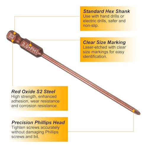 HARFINGTON 5pcs #1 Phillips Screwdriver Bit PH1 1/4" Hex Shank 4" (100mm) Long 0.12" Rod Magnetic Cross Head Drive Drill Bits S2 Steel Industrial Screw Driver Electric Power Tool, Brown - size: PH1 x 4" x 0.12"