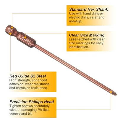 HARFINGTON 5pcs #1 Phillips Screwdriver Bit PH1 1/4" Hex Shank 4" (100mm) Long 0.12" Rod Magnetic Cross Head Drive Drill Bits S2 Steel Industrial Screw Driver Electric Power Tool, Brown - size: PH1 x 4" x 0.12"