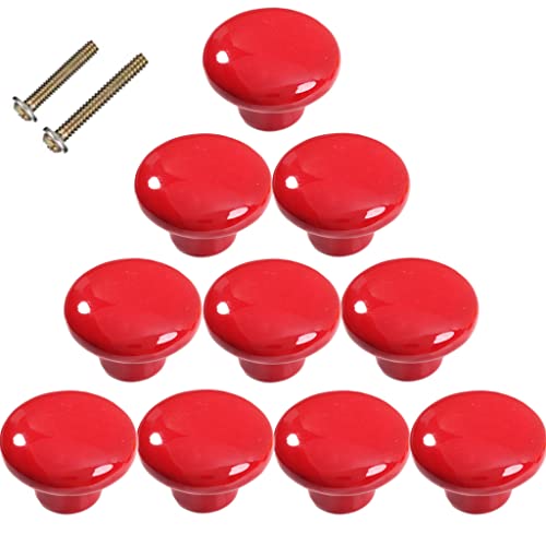 1.5" Large Mushroom Shape Glossy Ceramic Cabinet Knobs, 10Pcs Round Shape Cute Ceramic Drawer Knobs Kids Child Pulls Handles for Dressers Cupboard Wardrobe Dia. 1.5inch (Red, Dia. 1.5") - color: Red