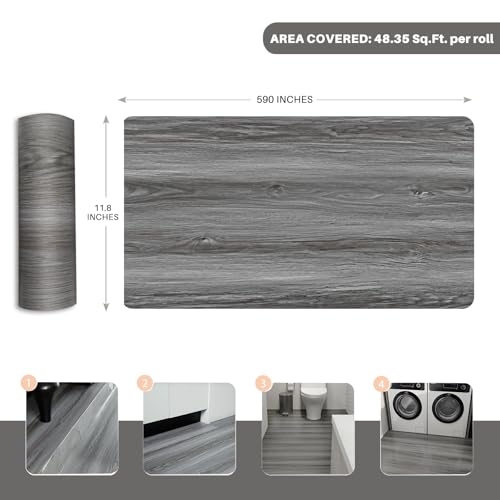 Woodgrain Vinyl Floor Roll, 11.8" x 590", Quick‑Apply Peel & Stick - color: Grey, size: 590"*11.8"