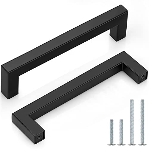 Probrico (5 Pack) Matte Black Square Cabinet Pulls Stainless Steel 5 Inch(128mm) Hole Center Drawer Handles Modern Kitchen Cabinet Hardware - color: Black, size: hole center 5"