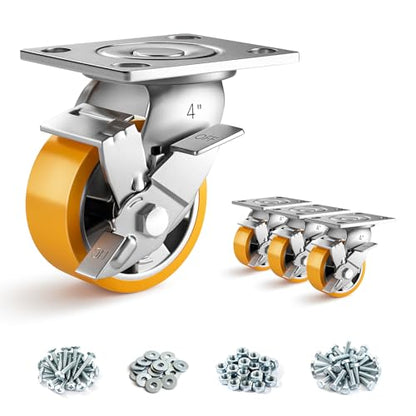 4 Inch Heavy Duty Casters Set of 4, Industrial Locking Casters 4000lbs Load Capacity, Plate Swivel Castor Wheels for Heavy Duty Carts, Workbench, Equipment, Platform Truck (Orange) - style: 4″ With brake