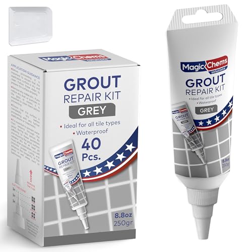 Magic Chems Tile Grout Repair, Grey 8.8 oz/250gr. Fast Drying Grout Repair Kit, Grout Filler Tube Repair Kit, Tile Grout Paint, Grout Sealer Restore and Renew Bathroom Floor, Tile Gaps, Joints, Lines - color: Grey, size: 40 Pack